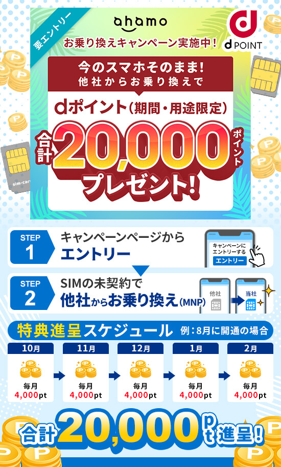 ahamoへの乗り換え(MNP)でdポイント20,000ptプレゼントキャンペーン【SIMのみ】